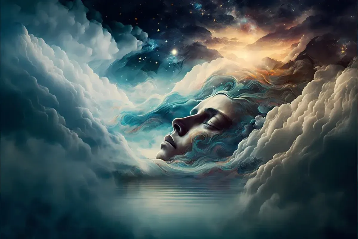 Dreamlike scene of a figure drifting through clouds and stars