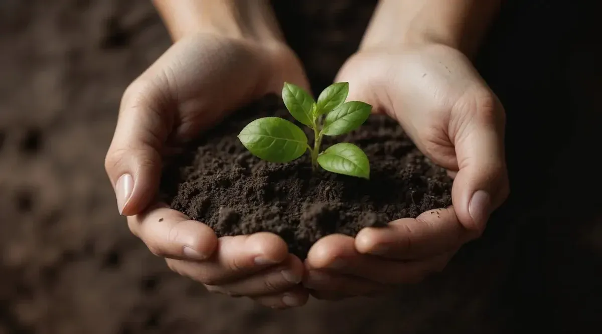 Hands cradling soil with a young plant sprouting