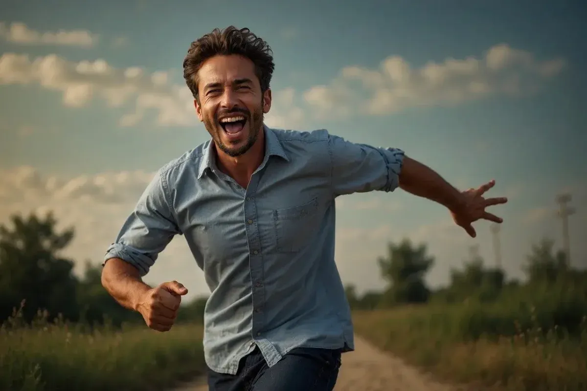Man smiling and running through an open field