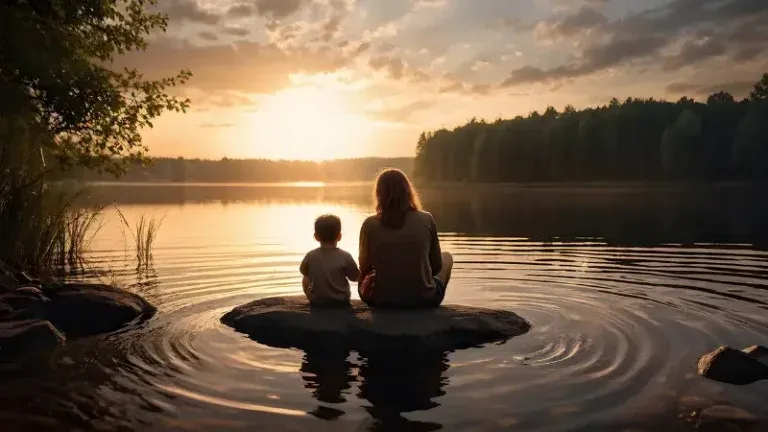 Mother and child sitting at the edge of a still lake at sunset