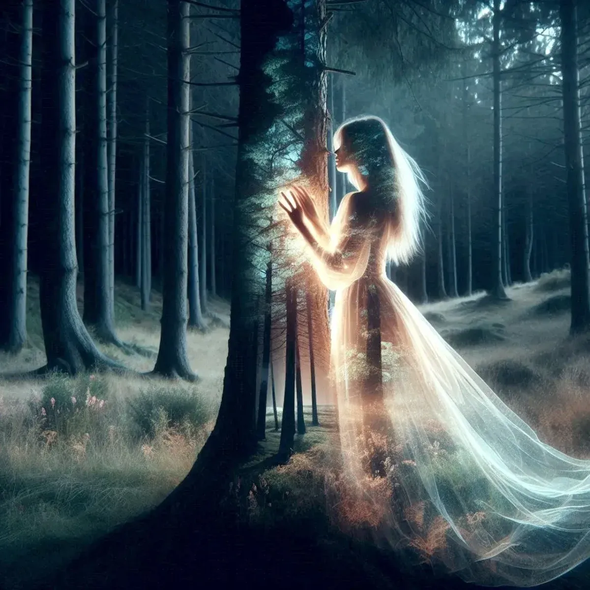 Figure in flowing white amongst tall trees in a forest of light