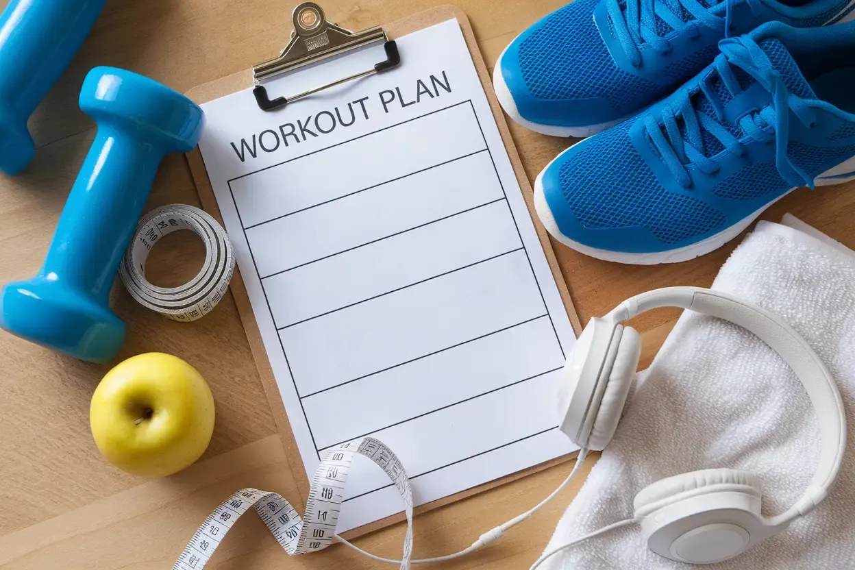 Workout equipment and a notepad laid out on a wooden surface