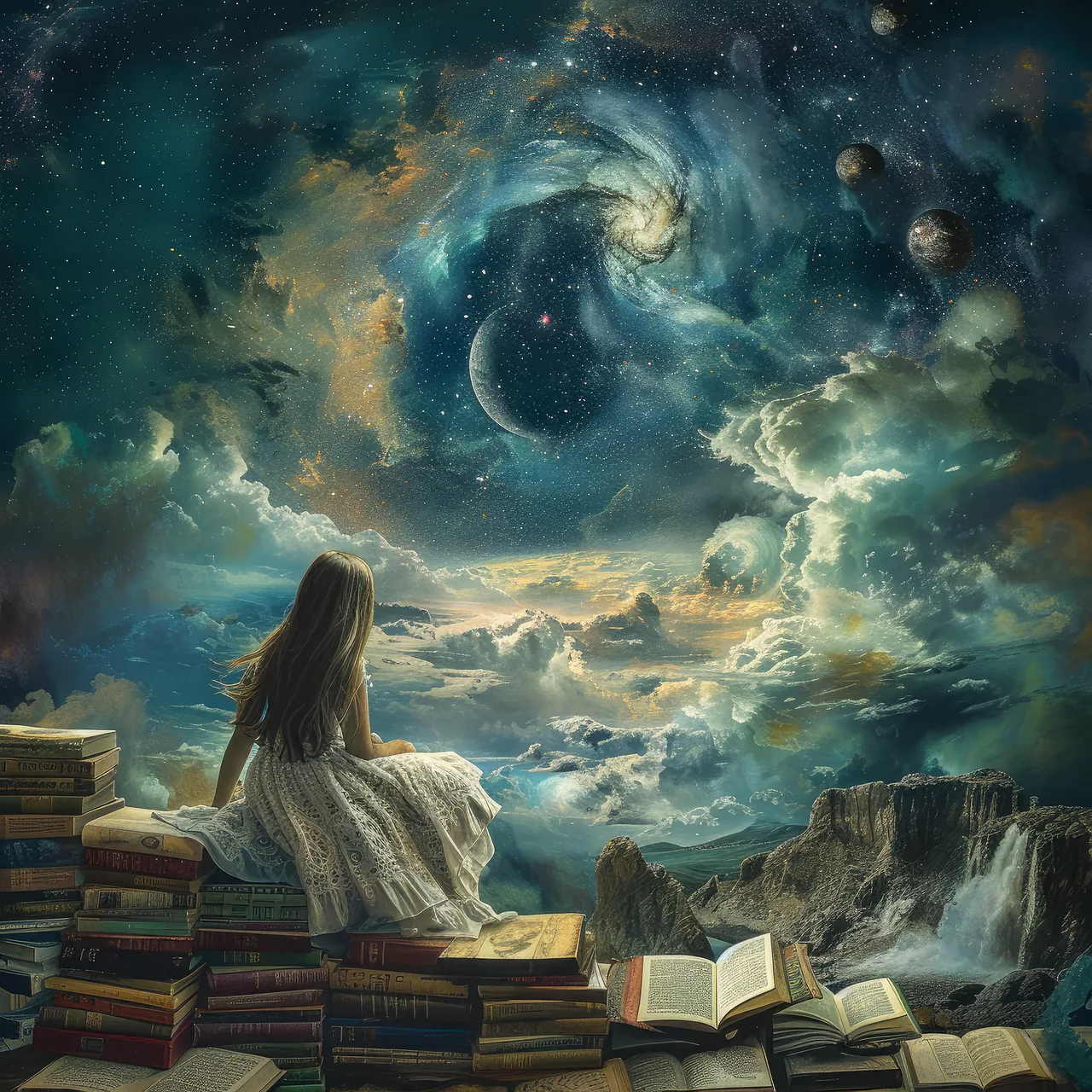 Woman in a white dress seated among books, gazing up at a vast cosmic sky
