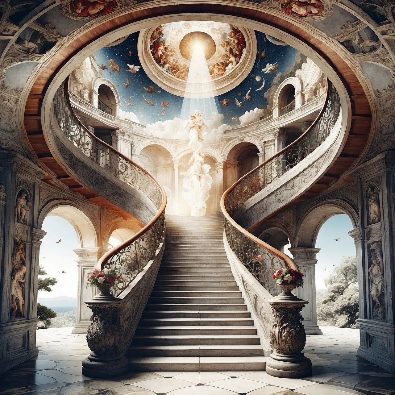 Grand ornate staircase with heavenly light streaming down from above