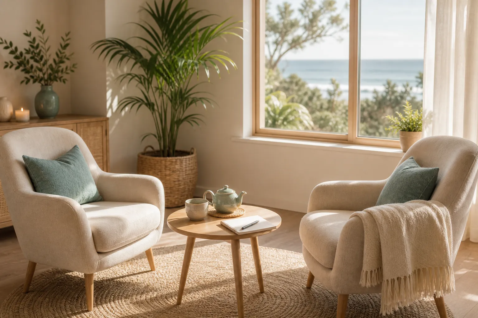 Calm consultation room with two chairs, tea, plants, and soft coastal light