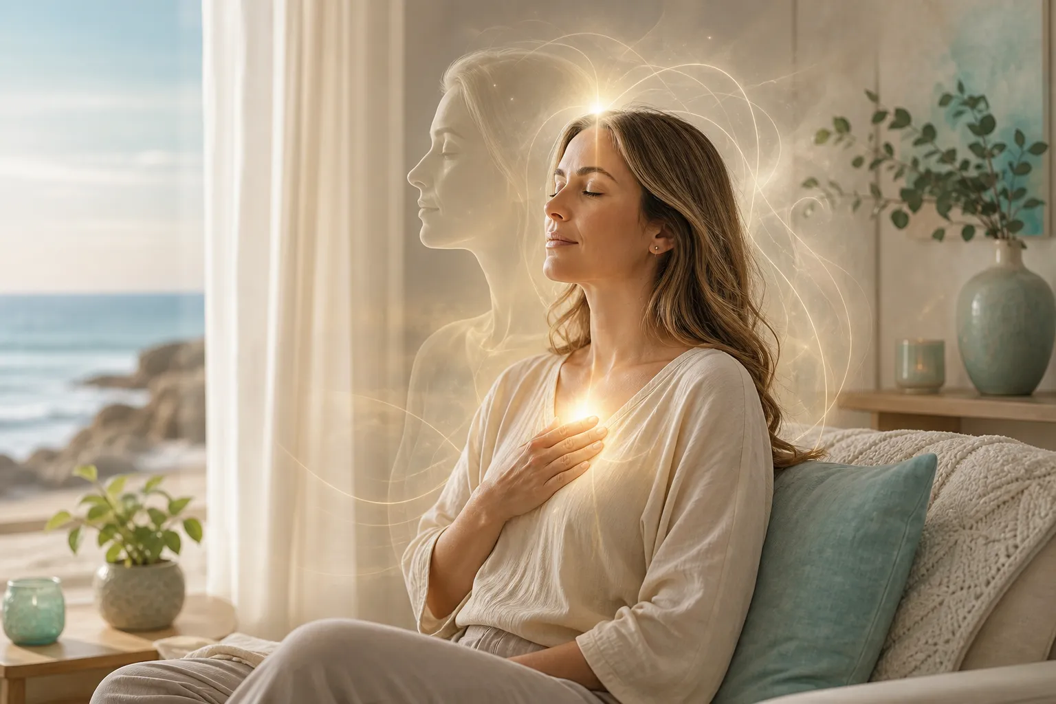 Woman seated in quiet reflection with a soft illuminated silhouette suggesting inner guidance