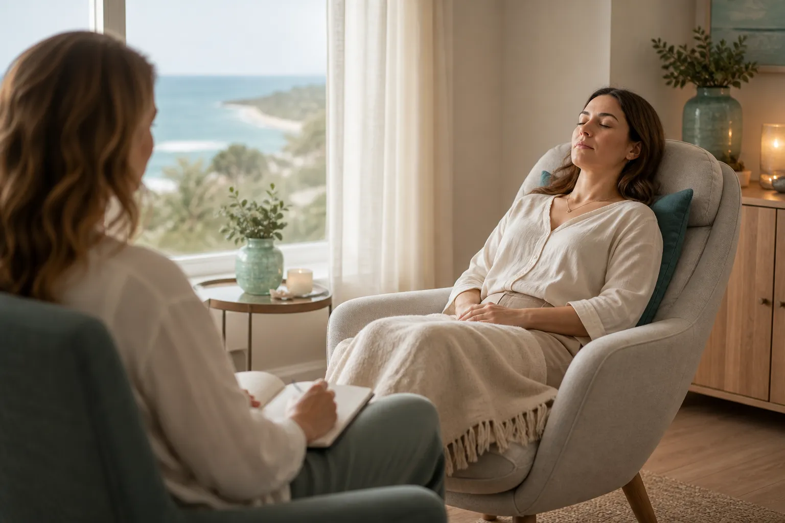 Client relaxing in a hypnotherapy chair while a practitioner gently guides the session